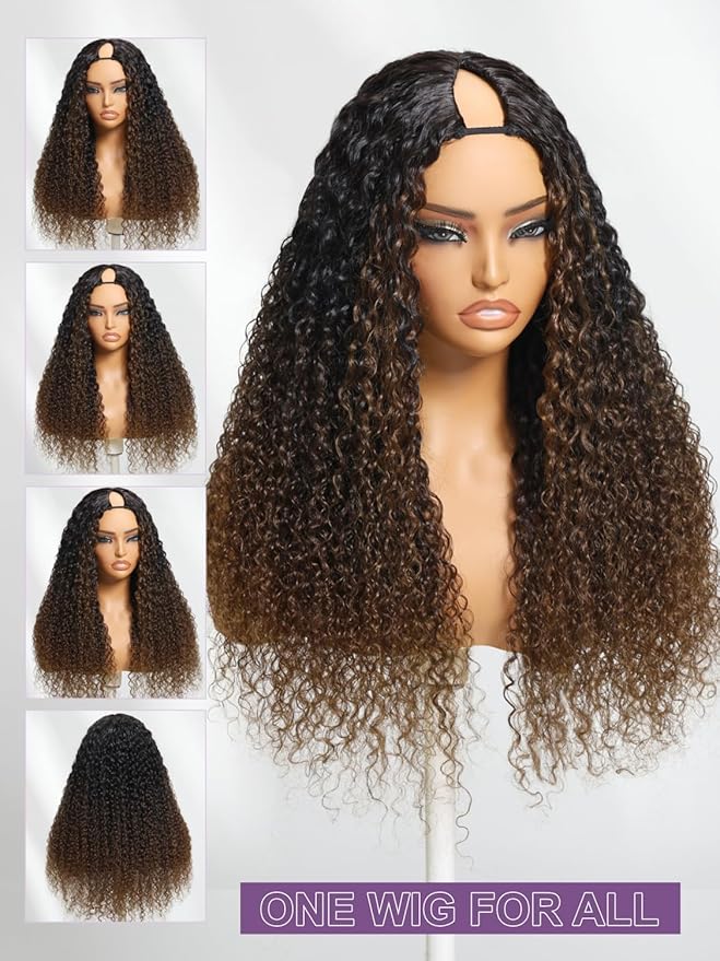 YIROO EasiContour V Part Ombre Brown Human Hair Wig Curly 12A Glueless Upgrade U Part Wig Ombre Black to Chestnut Brown No Leave Out V Shape Clip Wigs Ready to Go 150% Density Beginner Friendly 22Inch