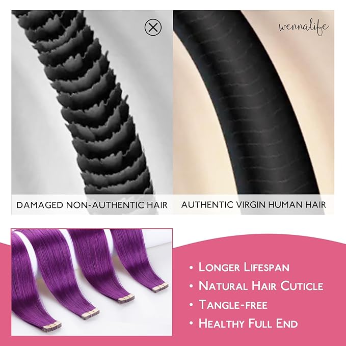WENNALIFE Purple Tape In Hair Extensions, 10pcs 20g 10 inch Remy Invisible Tape Ins Straight Colored Soft Real Human Hair Tape In Extensions Refill Set Extensions