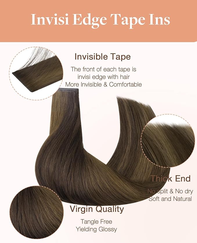 GOO GOO Invisi Edge Tape in Hair Extensions Human Hair, 2C/4E/6C Brown Sugar Swirl Highlights 10pcs injected with 10pcs classical tape ins, 20inch 50g, Virgin Remy Hair, Natural Look