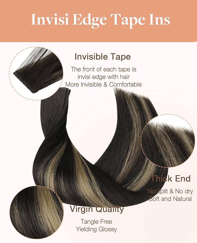 GOO GOO Invisi Edge Tape in Hair Extensions Human Hair, 1B/19/1B Natural Black to Light Blonde 10pcs injected with 10pcs classical tape ins, 20inch 50g, Virgin Remy Hair, Natural Look