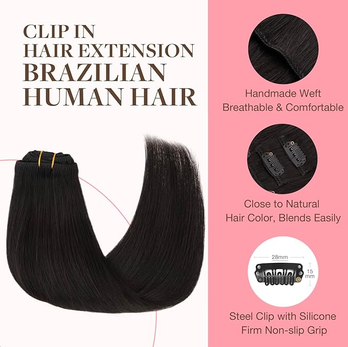 GOO GOO Clip in Hair Extensions Real Human Hair, Remy Human Hair Extensions Clip ins for Women, Natural Human Hair, 16inch 70g 2Pcs, #1B Natural Black