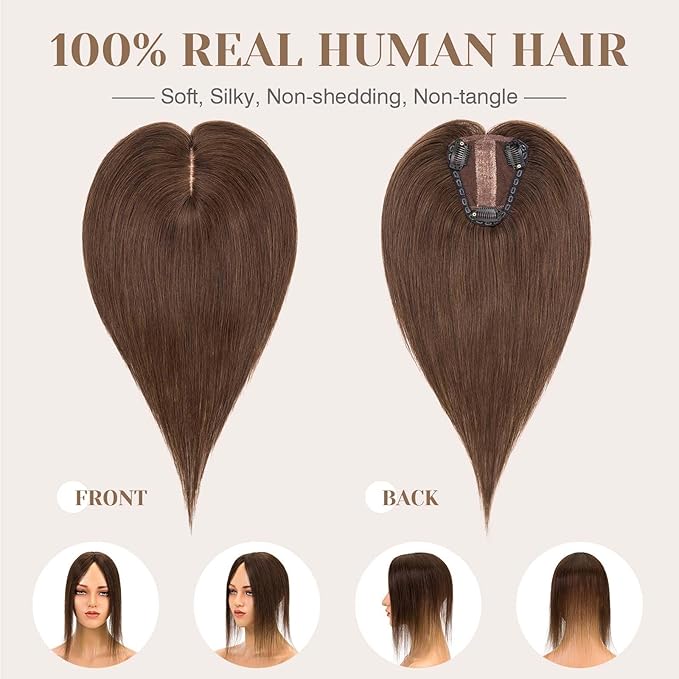 S-noilite Hair Toppers for Women Real Human Hair 3D 360° Cover Clip in 100% Real Human Hair Toppers 3″*4″ Clip in Silk Base 10 inch Dark Brown