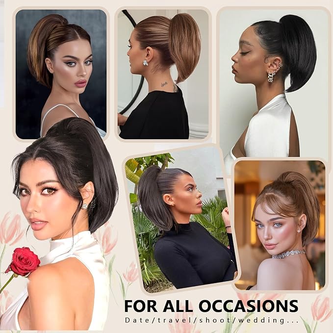 10 Inch Ponytail Extension - Straight Pony Tails Hair Extensions, Claw Clip Ponytail Extension, Synthetic Hair Extensions Ponytail, Clip in Ponytail (Color: Brown with Blonde Highlights)