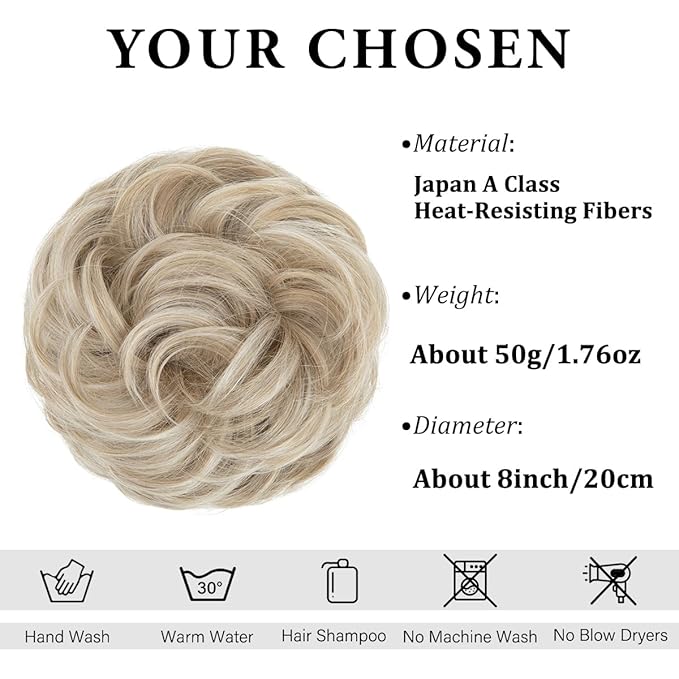 CJL HAIR Large Messy Bun Hair Piece Wavy Curly Scrunchies Synthetic Chignon Ponytail Hair Extensions Thick Updo Hairpieces for Women Ivory Grey