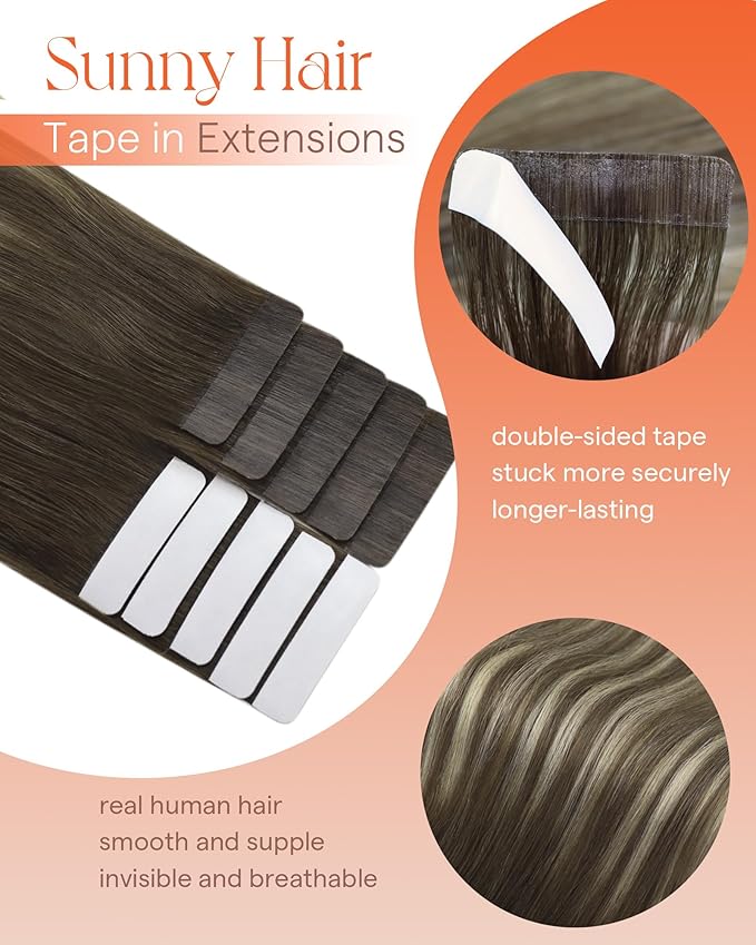 Sunny Hair Tape in Hair Extensions Real Human Hair Invisible Remy Hair Extensions Tape ins for Women Cool Brown Ombre Light Brown Balayage Medium Blonde 16 inch 25G