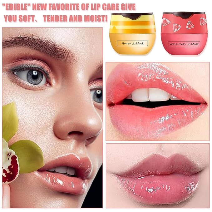 2 PCS Bee Lip Balm Honey Pot,Watermelon&Strawberry Lip Sleeping Mask Hydrating Prevention Dry and Cracked Lip Scrubs Exfoliator Lip Care,Lip Mask Overnight Reduces Lip Lines