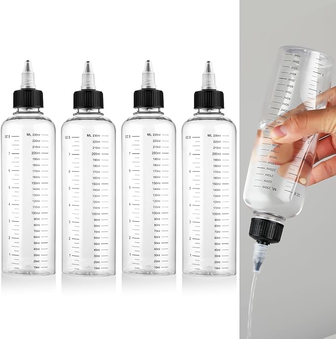 4 Pack Applicator Bottle for Hair, 8.5oz Soft Squeeze Empty Oil Dispenser Hair Color Applicator Root Hair Dye PET Plastic Refillable Bottles for Salon Sylist with Graduated Scale and Twist Top