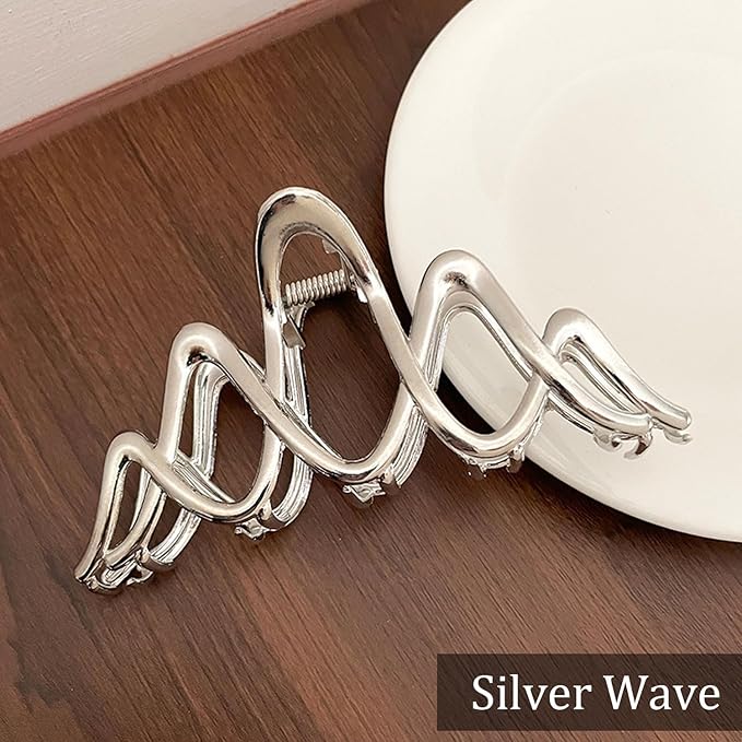 Silver Metal Wavy Hair Clip, 1Pcs 4.52Inch Wave Hair Clip for Thick Hair, Non-Slip Strong Hold Grip Hair Jaw Clip, Ideal for All Occasions