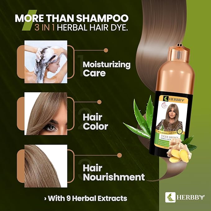 Hair Color Shampoo for Gray Hair Coverage&Color Transform with 9 Herbal Extracts –Long Lasting(6-8 Weeks),Shiny,Evenly Colored,Instant Hair Dye Shampoo&Conditioner, 500 Ml (TIGER BROWN COLOR)