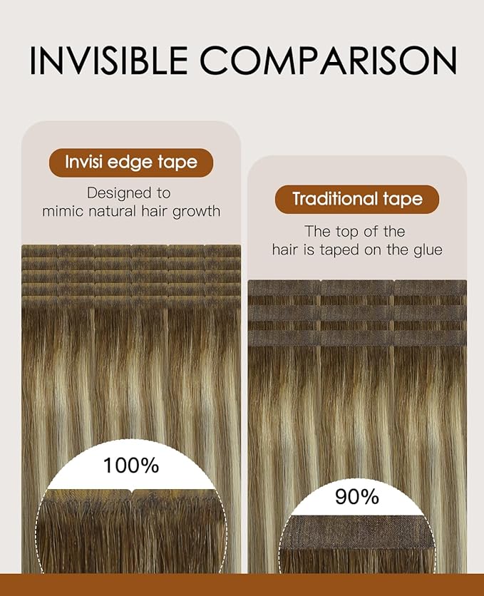 VINBAO Invisi Edge Tape in Human Hair Extensions Balayage Brown to Light Brown with Medium Blonde 14in 40g 20pcs Injected Tape in Real Human Hair 14inch #3/8/22