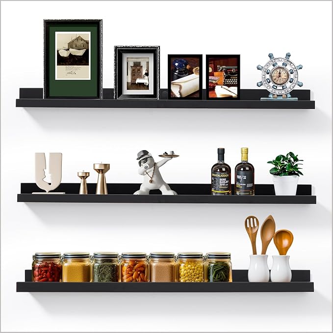AZSKY Floating Picture Ledge Shelves for Wall Set of 3, 36 Inch Photo Shelves with Lip Long Large Nursery Book Shelf for Toys Storage Kids Bookshelf Wall Mounted Living Room Bedroom Decor Frames