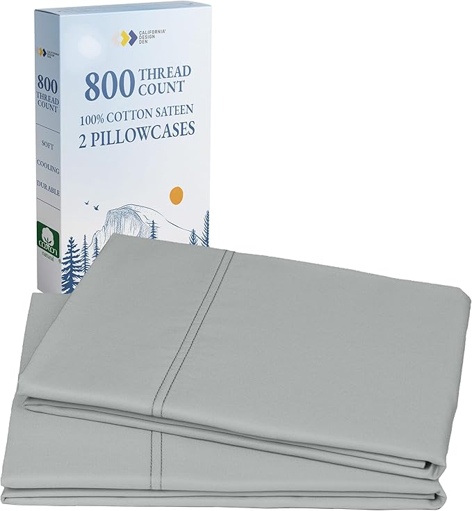California Design Den Heirloom Soft, Smooth & Thick Certified 800 Thread Count 100% Cotton Sateen, 2 Pillow Cases Standard Size Fits Standard & Queen Size Pillows (Light Grey)