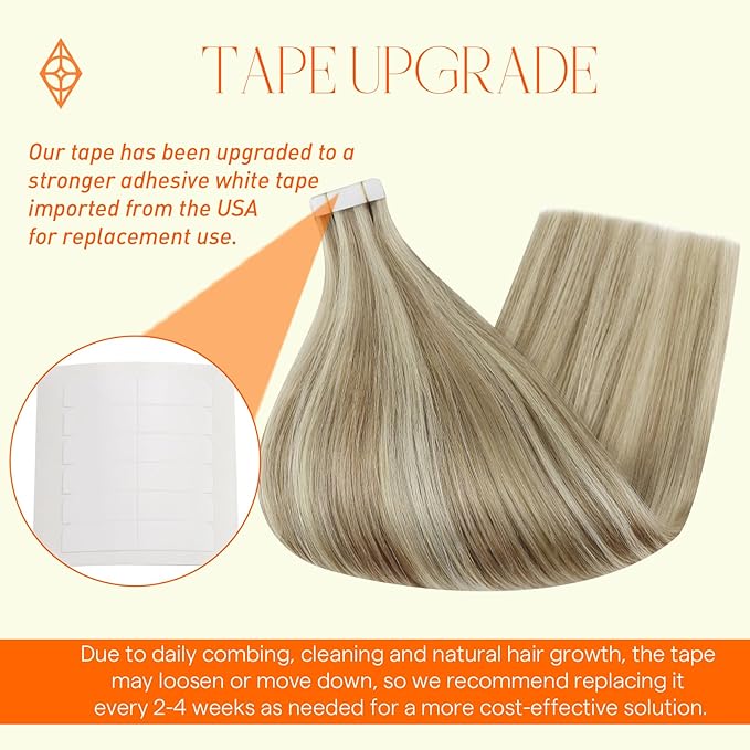 Full Shine Tape in Hair Extensions Human Hair 20 Pcs 18 Inch Color 16/22 Golden Blonde Highlight Medium Blonde Tape in Extensions Remy Hair Tape ins Natural Straight 50 Gram for Daily Wear