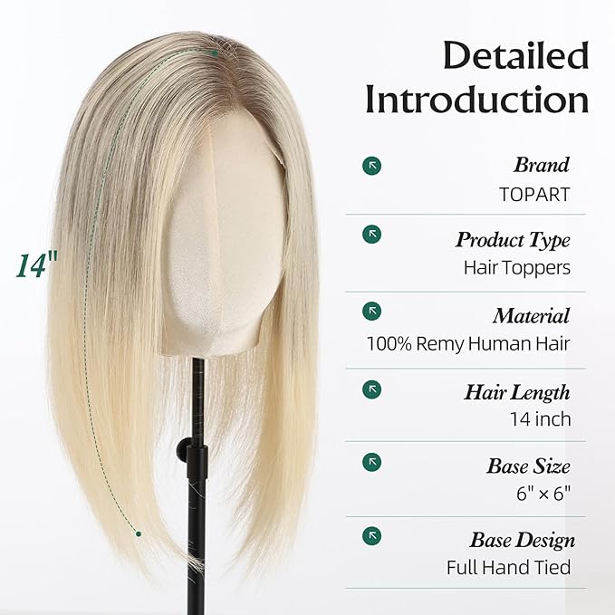 Full Hand Tied Hair Toppers for Women Remy Human Hair Lace Front Topper 14 Inch 6"×6" Partial wig Cover Thinning Hair or Loss No Bangs Top Hair Pieces (Ombre Blonde)
