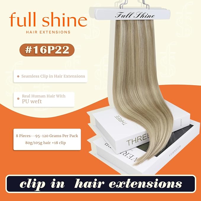 Full Shine Clip in Hair Extensions Human Hair Dark Blonde Mix Light Blonde Seamless Hair Extension Clip ins PU Weft for Women 20 Inch 8 PCS 120 Grams