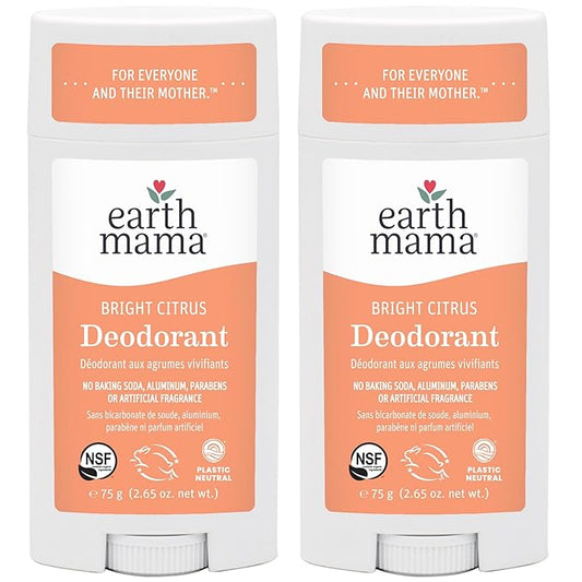 Earth Mama Bright Citrus Deodorant | Safe for Sensitive Skin, Pregnancy and Breastfeeding, Contains Organic Grapefruit and Calendula, No Baking Soda or Aluminum, 2.65-Ounce (2-Pack)