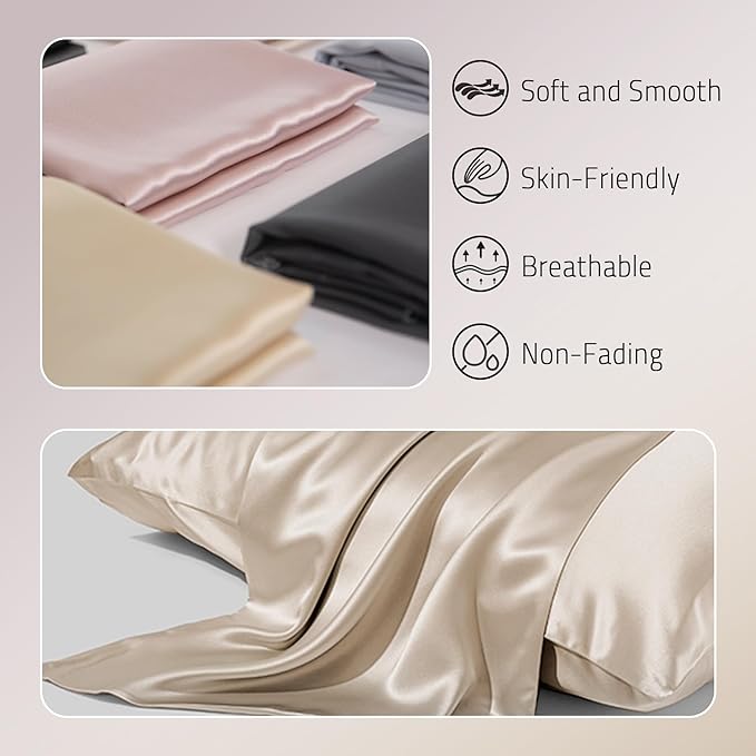 Mulberry Silk Pillowcase for Hair and Skin Prevent Acne Pillowcase Both Sides Real Silk Pillowcases Organic Silk Pillow case with Hidden Zipper, Champagne, Standard (20"×26")