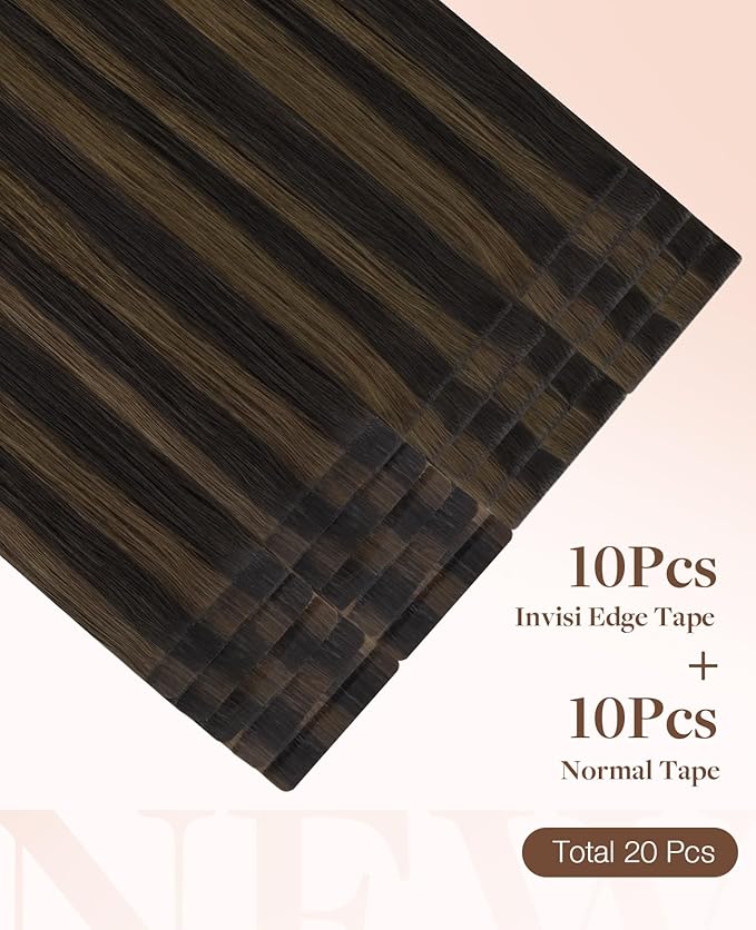 GOO GOO Invisi Edge Tape in Hair Extensions Human Hair, 2/6 Dark Brown Highlighted Chestnut Brown 10pcs injected with 10pcs classical tape ins, 22inch 50g, Virgin Remy Hair, Natural Look