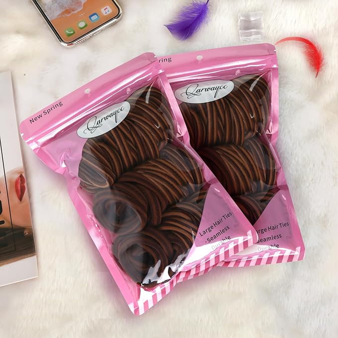 50PCS Thick Hair Ties, Cotton Hair Bands for Thick Curly Heavy Hair, Brown, 2 Inch in Diameter, no Damage, Seamless, Two Color MIXTURE, Lasting Fashion