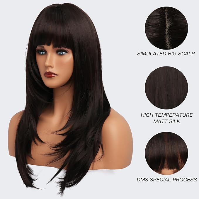 Brown Wig With Bangs Long Wavy Straight Wig with Layered Hair Synthetic Heat Resistant Wigs for Women Daily Party Use 26 Inches