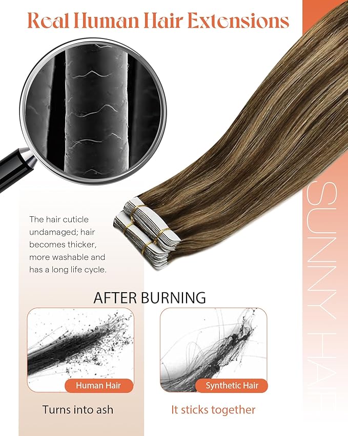 Sunny Hair Tape in Hair Extensions Real Human Hair Invisible Remy Hair Extensions Tape ins for Women Dark Brown Highlight Caramel Blonde 18 inch 20Pcs 50G