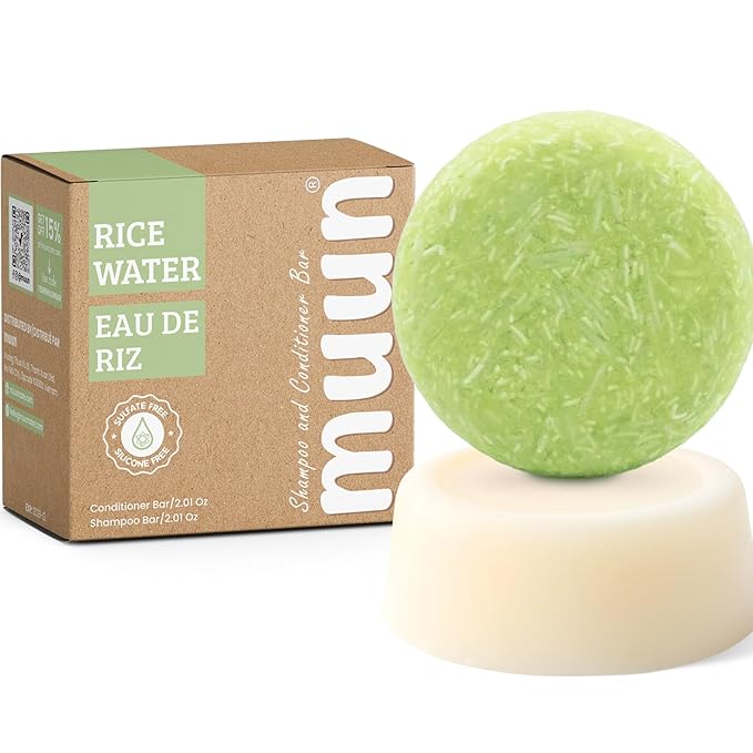 Muun Rice Water Shampoo and Conditioner Bar - Strengthening & Volumizing Solid Soap Bars, Clarifying Shampoo For Oily Hair & Scalp, pH Balanced, Sulfate & Silicone Free