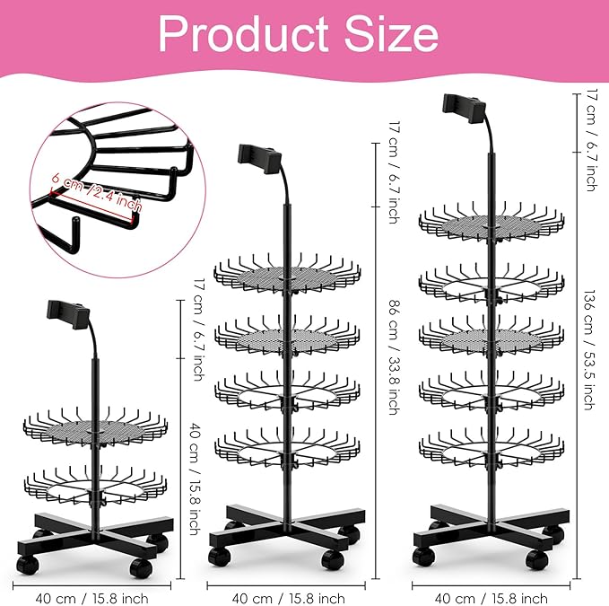 Braiding Hair Rack Standing with 140 Pegs, Height Adjustable Hair Extension Holder with Wheels, Braiding Rack Stand for Hair with Phone Holder for Displaying & Separating Hair (Black)