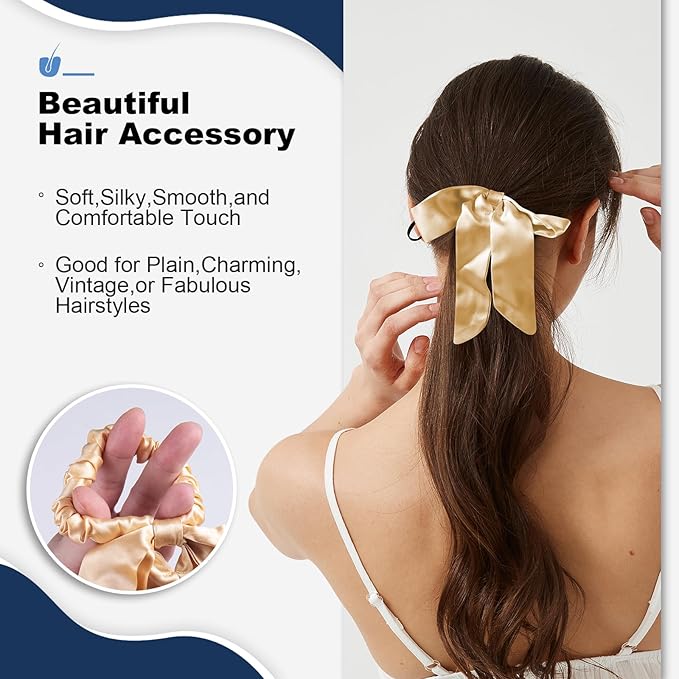 1 Piece Silk Bow Scrunchies for Hair-100% Pure Mulberry 22 Momme Silk Hair Tie, Elastic Ponytail Holder, Elegant Soft Bow Hair Ties Band for Women Hair Care, Multiple Colours (Gold)