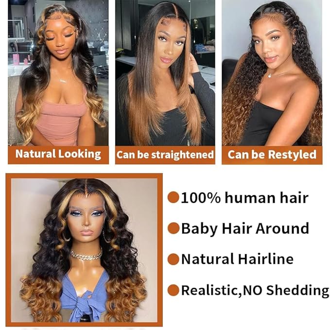 200% Density 13x6 Lace Front Wigs Human Hair Pre Plucked Body Wave HD Transparent Ombre Lace Front Wigs Glueless Wigs Human Hair 13x6 Balayage Wigs Human Hair Wigs For Women 32 Inch