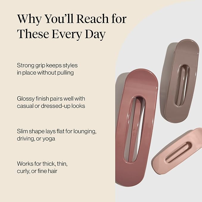 Kitsch Flat Claw Clips for Women - Strong Grip, Comfortable Design | Durable Plastic, Glossy Finish | Lay Down Claw Clip | For All Hair Types | Ideal Gifts for Women - Terracotta, 3pcs
