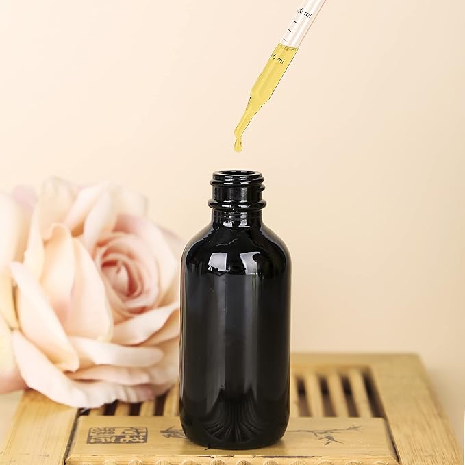 2 oz UV Resistant Dropper Bottle 48 Pack Black Glass Boston Bottles 60ml with Eye Droppers Black Caps for Essential Oils, Perfume, Leak Proof Travel Bottles for Liquids