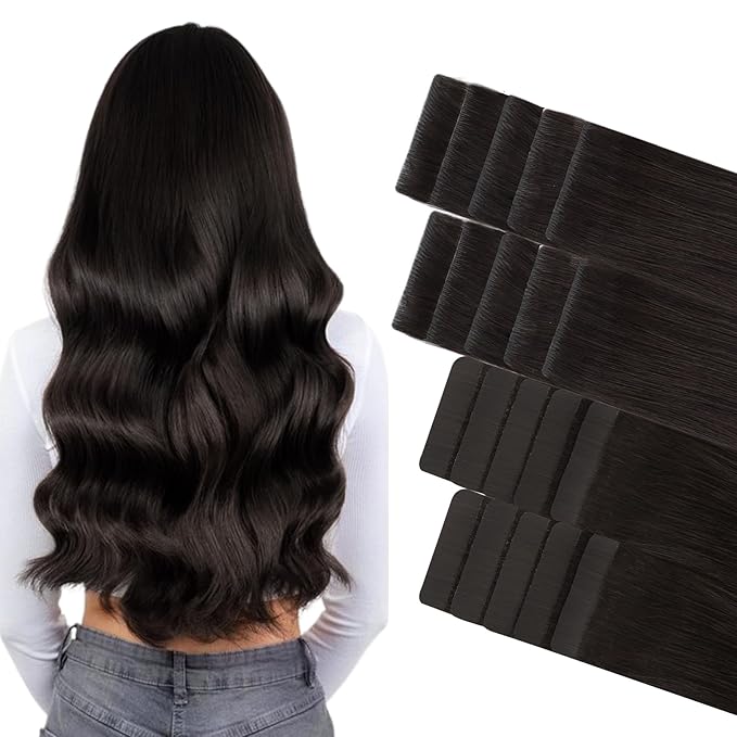 GOO GOO Invisi Edge Tape in Hair Extensions Human Hair, 2 Dark Brown 10pcs injected with 10pcs classical tape ins, 18inch 50g, Virgin Remy Hair, Natural Look