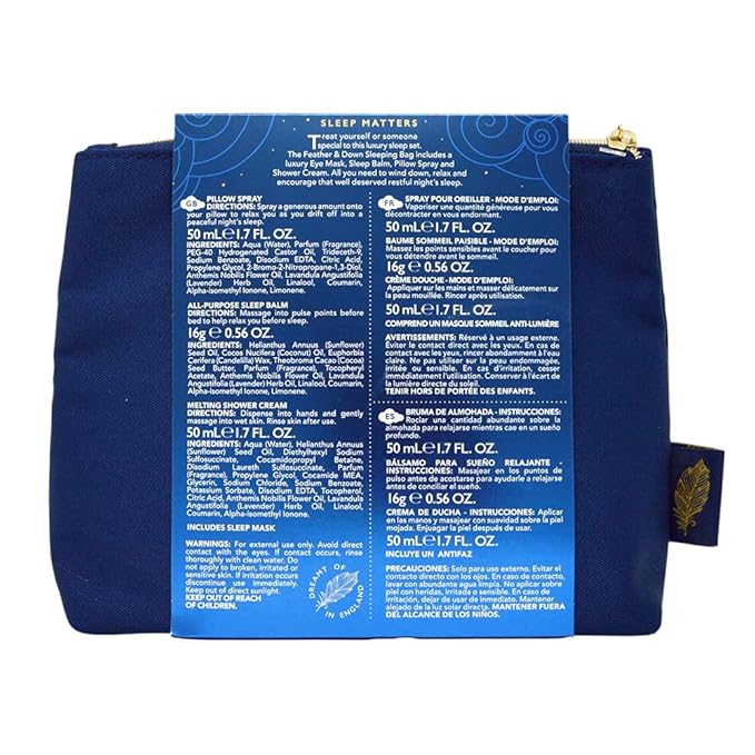 Feather & Down Sleeping Bag Gift Set: Luxury Eye Mask, Sleep Balm, Pillow Spray and Shower Cream, with Calming Lavender & Chamomile Essential Oils, Vegan & Cruelty Free