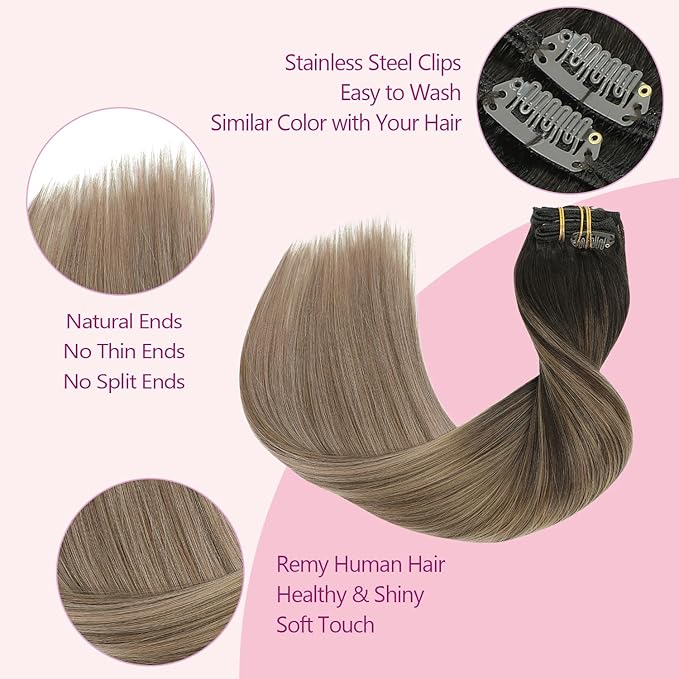 PINKPEARL Clip in Hair Extensions Real Human Hair #2/6/18 Balayage Dark Brown to Chestnut Brown and Ash Blonde 7pcs 120g 20inch Ombre Remy Human Hair Extensios Clip ins(#2/6/18-20)