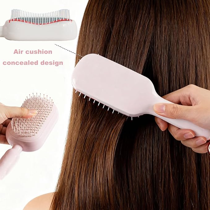 Retractable Cushion Massage Comb for Wet & Dry Hair, Anti-Static Self Cleaning Hair Brush for All Hair Types, Soft Bristles, Easy Eliminates Knots, Detangling Hairbrush for Women Men (Blue + White)