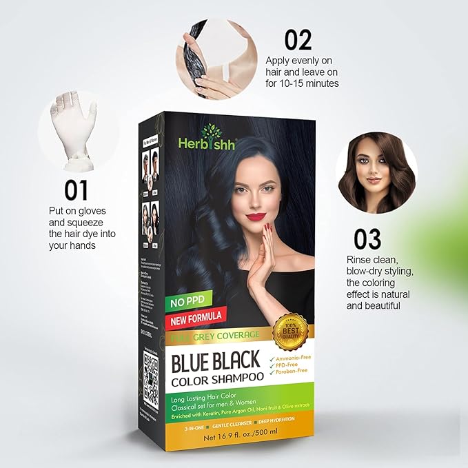 Herbishh Blue Black 3 In 1 Hair Dye Shampoo 16.9 Fl Oz & Argan Oil Mask 28.2 Fl Oz Combo - Champu Para Canas Mujer - Hair Dye Shampoo for Men & Women - Hair Mask For Moisturizer Dry, Damaged Hair
