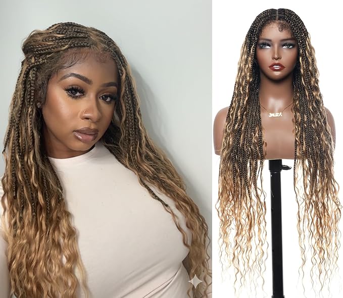 Human Hair Boho Curls Hand-Tied HD Full Lace Wig - 36" Salon-Level Small Box Synthetic Braids (79 Braids, Medium Density) Pre-Cut Swiss HD Lace, Pre-Plucked, Knotless - 1B/30 Ombre Brown