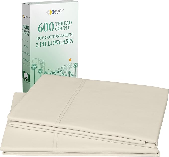California Design Den Luxuriously Soft Premium 600 Thread Count, 100% Cotton Set of 2 Cases, Crisp Pillowcases Queen Size Set of 2 Fits Standard & Queen Pillows - Ivory (Warm Cream)
