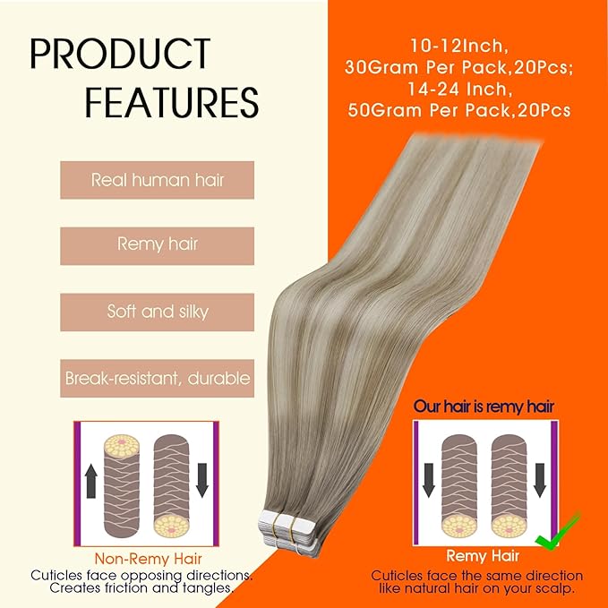Full Shine 12 Inch Tape in Hair Extensions Human Hair Color 19 Grey Fading to 8 Ash Brown And 60 Blonde Hair Extensions Tape in 30 Gram Tape in Extensions Seamless Skin Weft for Women 20 Pieces