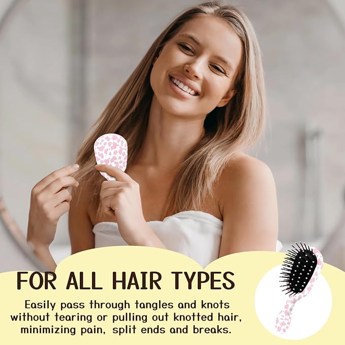 Mini Hair Brush,Cute Detangling Travel Hair Brush,Soft Bristles for Effortless Tangle Removal,Detangler Hairbrush for Women Men Boys Girls Kids Wet Dry All Hair Types (Pink Cow, Mini)