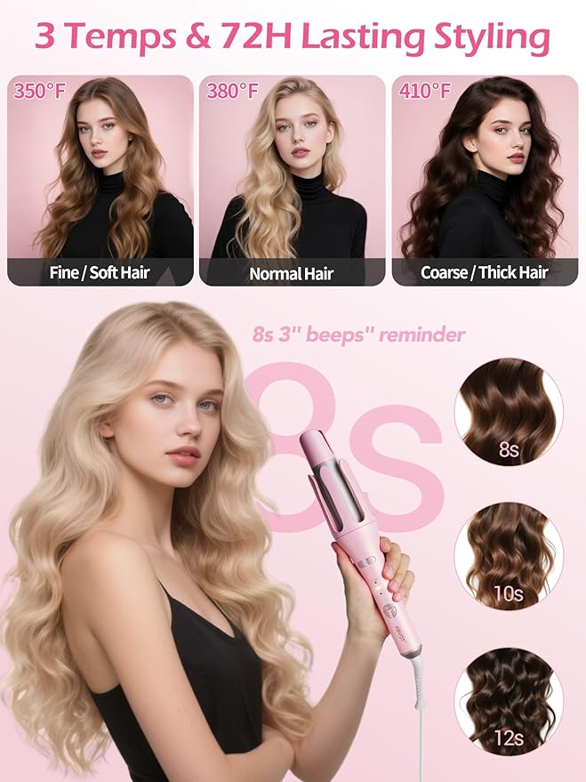 Automatic Curling Iron, HC04 Long Barrel 1.5 inch Rotating Curling Iron Wand for Womens Long Hair, Ceramic Hair Curlers with 2-Way Opening, Dual Voltage, 600M Ions for Bouncy Waves