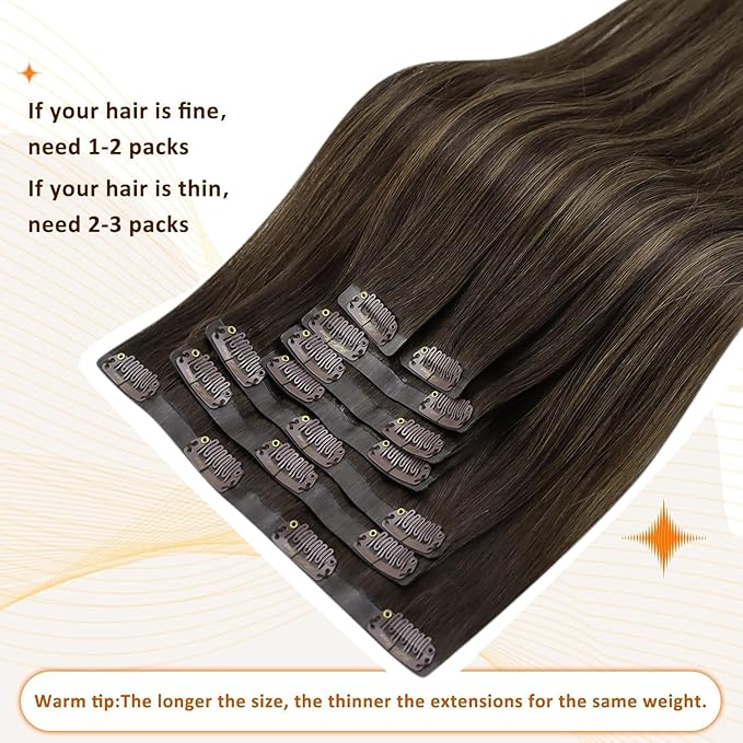 Full Shine Seamless Human Hair Clip in Extensions 14 Inch Ombre Dark Brown to Light Brown with Honey Blonde Clip in Hair Extensions for Women 8 PCS 120 Grams