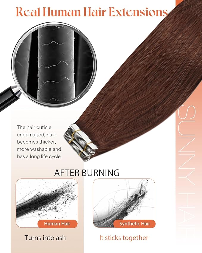 Sunny Hair Tape in Hair Extensions Human Hair, 16inch 40Pcs Auburn Brown Human Hair Tape in Extensions Remy Invisible Tape ins Human Hair Extensions Straight