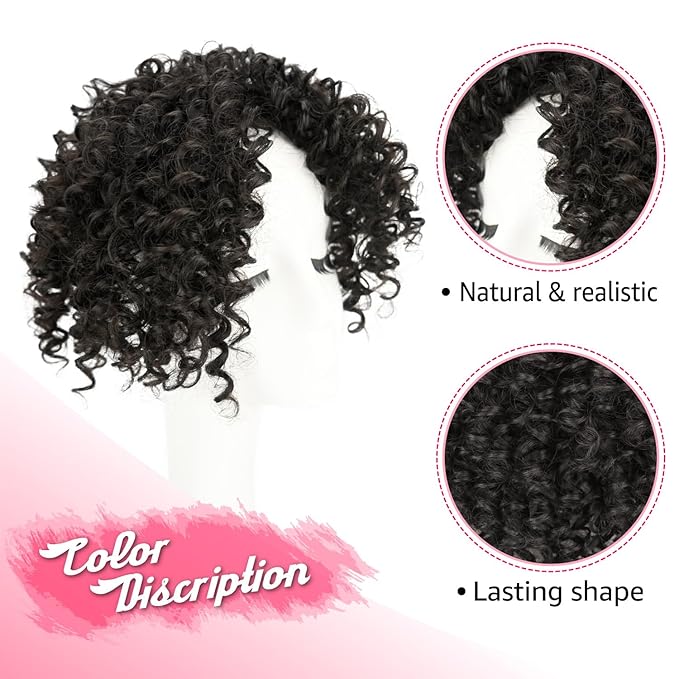 Natural Afro Kinky Curly Short Hair Toppers With Bangs - Clip in Synthetic Wiglets for Men and Women With Thinning Hair - Instant Volume and Style (Black Brown)