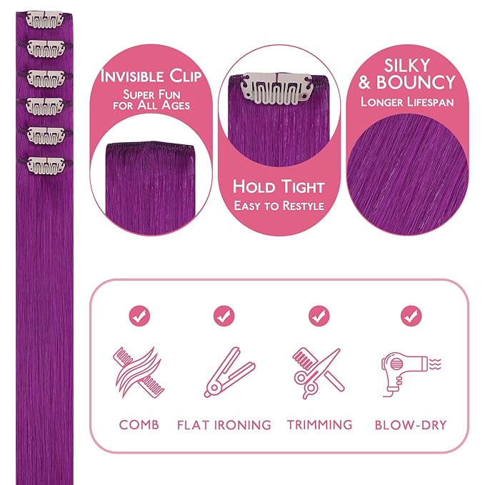 WENNALIFE Purple Clip in Hair Extensions Real Human Hair 35g 6pcs 20 Inch Colored Hair Extensions for Kids Women Colorful Hair Pieces Pop-up Style Straight Extensiones De Cabello Humano Con Clip