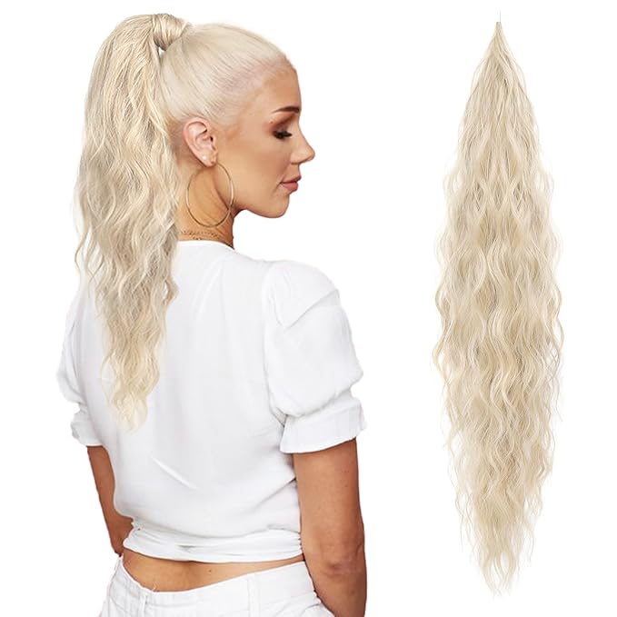 Flufymooz Ponytail Extension, Flexible Wrap Around Ponytail Extension Long Wavy Curly Ponytail Hair Extensions Natural pony tail Synthetic Hairpiece for Women 26 Inch (Cool Blonde)