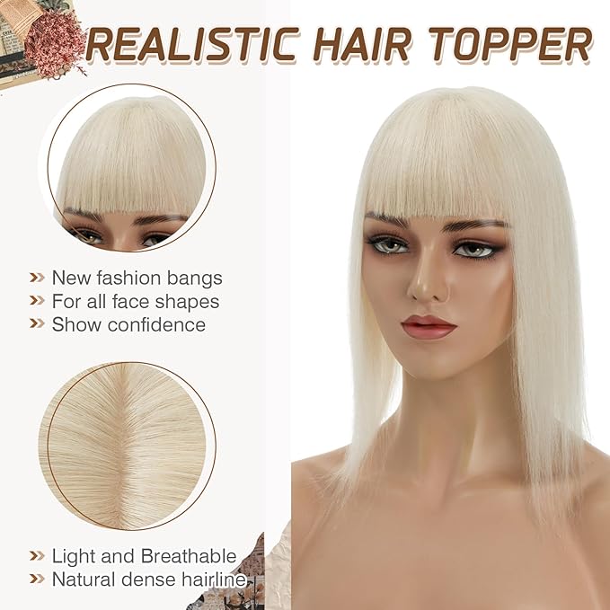 Rich Choices Hair Toppers for Women Real Human Hairs With Bang 100% Remy Human Topper for Thinning Hair Clip in Silk Base Topper 6 Inch #60 Platinum Blonde