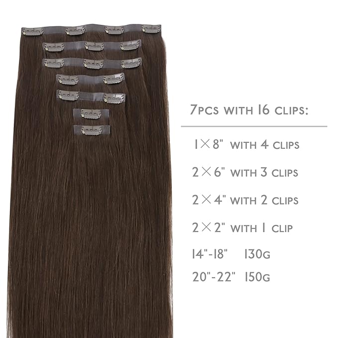 WENNALIFE Seamless Clip In Hair Extensions, 16 Inch 130g 7pcs Light Dark Brown Hair Extensions Clip in Human Hair Invisible PU Skin Weft Natural Remy Human Hair Extensions