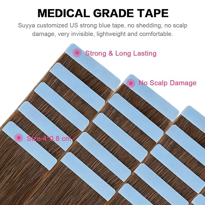 SUYYA Tape in Hair Extensions Remy Human Hair Chestnut Brown 14 inches 40g/pack 20pcs Straight Seamless Skin Weft Tape in Extensions(14 inches #6 Medium Brown)