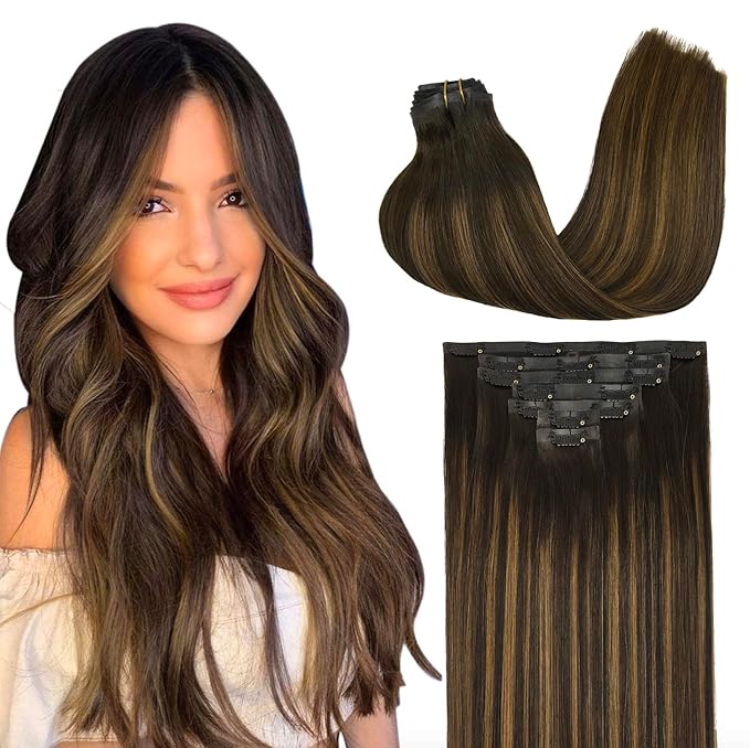 GOO GOO Clip in Hair Extensions Real Human Hair, Remy Human Hair Extensions Clip ins for Women, Natural Human Hair, 24inch 140g 7Pcs, #2/6/2 Balayage Dark Brown to Chestnut Brown